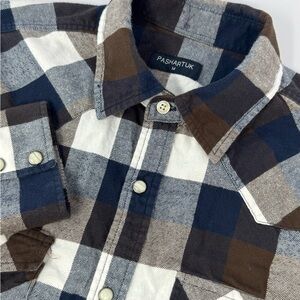PASHARTUK Button Up Shirt Men's Sz Med Brown/Navy Plaid Flannel Pearl Snap H3